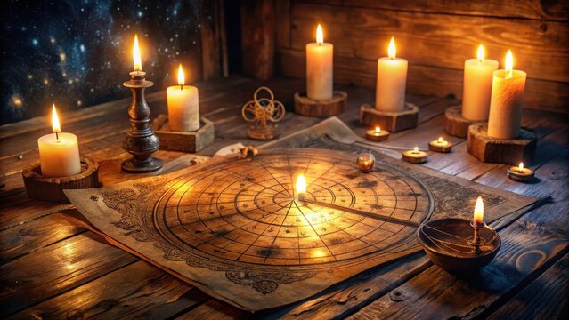 Mysterious celestial map spread on ancient wooden table with soft candlelight casting warm ambiance, surrounded by mystical symbols and numerological charts, magical atmosphere, cosmic map