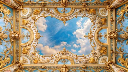 Baroque style ceiling with a blue sky and ornate frame, featuring floral patterns and gold accents