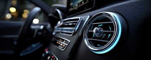 Fototapeta premium Interior shot of a car air vent with airflow visualized, illustrating climate control system efficiency.