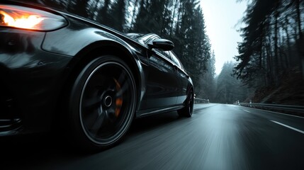 Fototapeta premium Black car in motion on asphalt road with blurred background and dynamic perspective, capturing speed and modern transportation