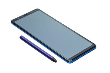 Close up of a blue smartphone with a blank screen and a purple stylus on a black background view