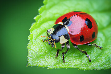 Fototapeta premium close-up of a ladybug on a fresh green leaf (usa spring),