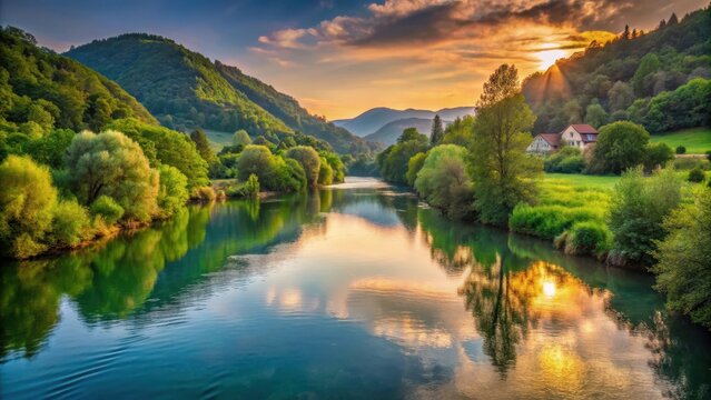 Serene waters of Mreznica river in Belavici village at sunset with lush greenery and surrounding hills , sunset
