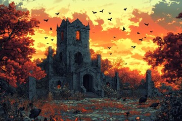 Fototapeta premium Autumnal church ruin sunset, birds, Halloween
