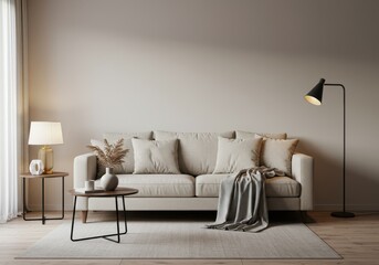 Interior design with cream sofa pillows tables lamp and blanket in a minimalist style room setting