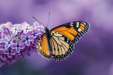 Fototapeta premium close-up of a monarch butterfly on a blooming lilac (usa spring),