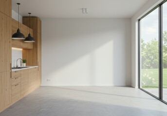 Bright interior with wooden kitchen cabinets and large window overlooking greenery outside space seen