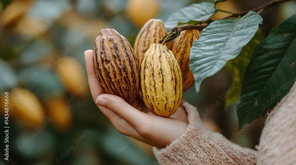 Poster close-up of a hand gently holding three ripe cocoa pods, showcasing their unique textures and colors