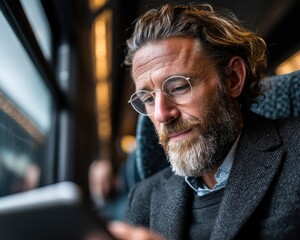 A businessman checking financial charts on a digital tablet while traveling on a train, reflecting mobile productivity and global work trends.