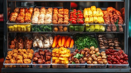 Colorful food display showcasing various street food options.