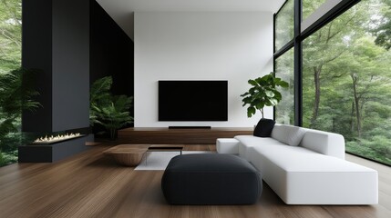 Fototapeta premium Modern living room with large windows overlooking nature. A sophisticated space featuring minimalist design, a fireplace, and a large flat screen TV