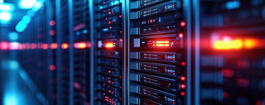 A modern data center with rows of servers illuminated by blue and red lights, showcasing advanced technology and computing infrastructure. - Powered by Adobe