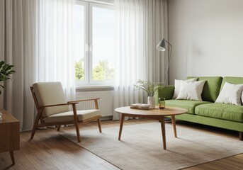 Bright living room with green sofa armchair and round table near a window with white curtains