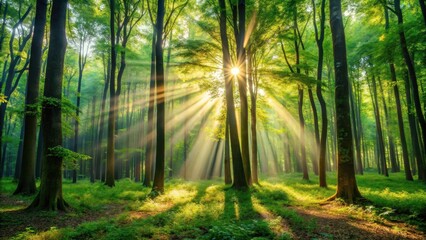Obraz premium Soft sunbeams filtering through dense canopy of tall trees in a lush green forest, illuminating the forest floor with dappled light and shade , sunlight, landscape