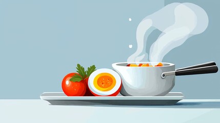 Pixel Art Still Life Steaming Pot of Food with Tomatoes and Egg