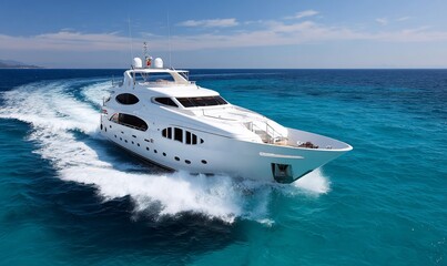 Luxurious white yacht gliding across turquoise water
