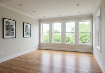 Fototapeta premium Bright interior room with hardwood floors and large windows overlooking green trees outside room area