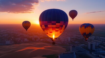 Obraz premium Hot air balloons at sunset colorful flight above city adventure and travel