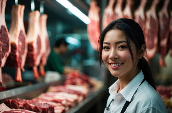 Smiling Female Butcher in Front of Meat Counters in a Professional Setting - Powered by Adobe