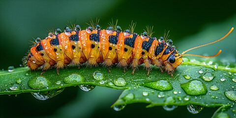 Naklejka premium happy caterpillar crawling on a bright green leaf with water droplets, cheerful expression