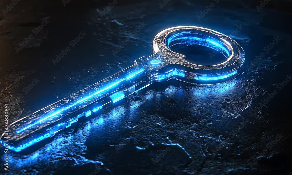 Aufkleber a glowing digital key resting on a textured surface, symbolizing security and technology