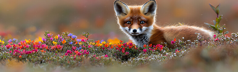 Fototapeta premium playful fox peeking out from a patch of colorful wildflowers, curious expression, meadow scene