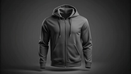 Black hoodie jacket mockup with pocket and zip closure on front, textile design