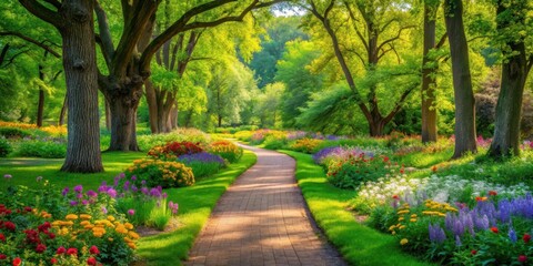 A serene pathway meanders through a lush green park surrounded by towering trees and vibrant wildflowers, inviting viewers to step into nature's tranquility , forest, trees