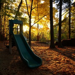 plastic slide glowing in the sunset, surrounded by a sea of brown wood chips and framed by tall trees with leaves backlit by the low afternoon sun