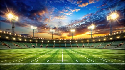 A football field bathed in a radiant glow under bright stadium lights illuminates the lush green grass and surrounding landscape at dusk , football field, football pitch
