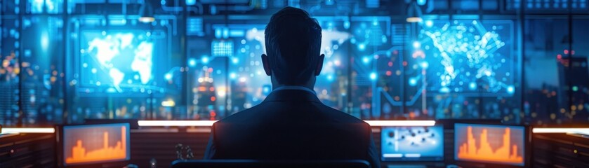 A person sits in front of multiple screens displaying data and graphics, immersed in a high-tech environment with a city view.