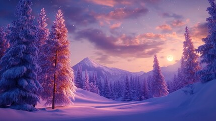 Snowy mountain sunset winter landscape postcard