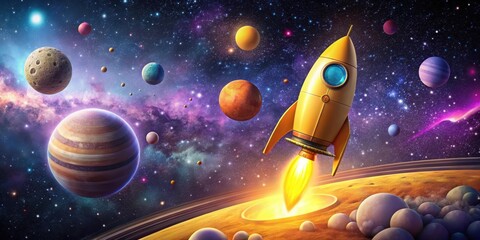 Yellow toy rocket soaring through the cosmos amidst a starry night sky and planets in shades of orange and purple, space travel