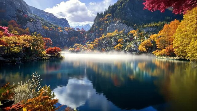 Serene autumn landscape with vibrant foliage reflecting on a tranquil lake surrounded by mountains