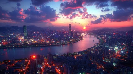 Vibrant city skyline at sunset over a river.