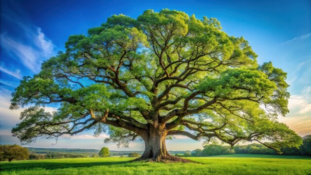 A majestic oak tree stands tall against a clear blue sky with lush green foliage and gnarled branches stretched outwards in all directions , wilderness, nature