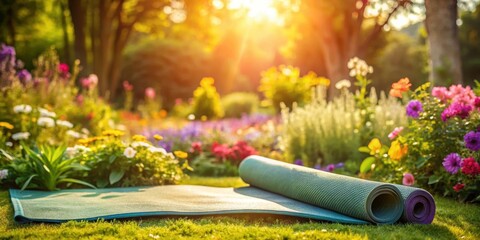 A serene yoga mat placed among vibrant flowers in a lush garden setting with soft greenery and warm sunlight filtering through the trees, serenity, garden