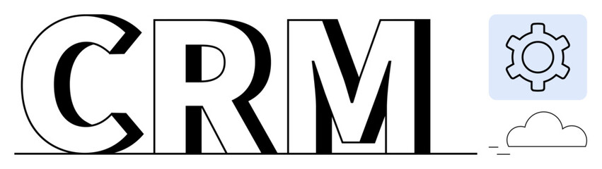 CRM text with gear icon and cloud symbol highlighting digital tools, automation, and efficiency. Ideal for software, technology, innovation, business solutions, customer support, data management