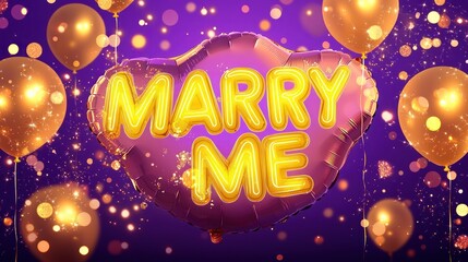 Neon yellow "MARRY ME" balloon typography floating on a bright purple background, surrounded by shimmering golden lights and glitter.