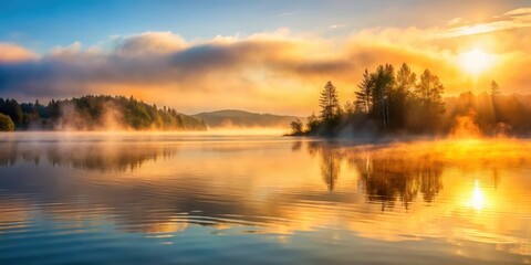 Obraz premium Softly glowing mist rises from the surface of a serene body of water, merging with the atmosphere as gentle waves caress the shore in an ethereal dance, dreamy, foggy