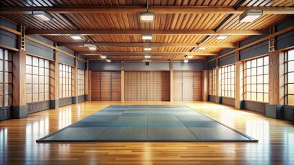 Wooden floor with martial arts equipment and mats in a dojo area, mats, flooring
