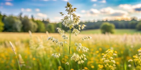 Obraz premium A wild oat plant stands proudly amidst the wildflowers, its tall stalk and delicate blooms adding a touch of elegance to the natural landscape, countryside, oats