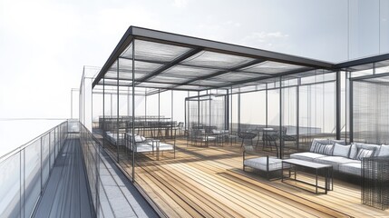 Modern rooftop patio design sketch, urban scene, glass pergola,  furniture arrangement