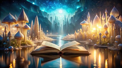 Inside an ancient tome lies a shimmering lake surrounded by towering crystal spires, reflecting the soft glow of luminescent mushrooms , , enchanted book