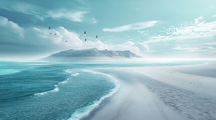 Coastal serenity birds fly over tranquil beach
