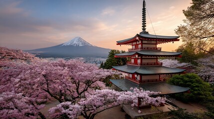 Majestic mountain view with cherry blossoms and a pagoda