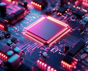 Obraz premium Circuit board with glowing processor chip