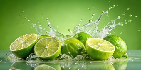 Fresh limes bursting in a splash of water on a light green background, creating a vibrant and refreshing explosion of citrus flavors , light green background, fresh limes
