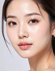 Fototapeta premium 日本人, 超リアル, 美しい, 若い女性, 顔, クローズアップ, 欠点のない肌, 輝く肌質, ナチュラルメイク, 柔らかなライティング, 美容CM風, シネマティック, カメラ目線, 高解像度,Japanese, ultra-realistic, beautiful, young woman, face, close-up, flawless skin, glowing complexion