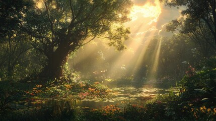 Sunlight streams through a lush, serene forest glade.
